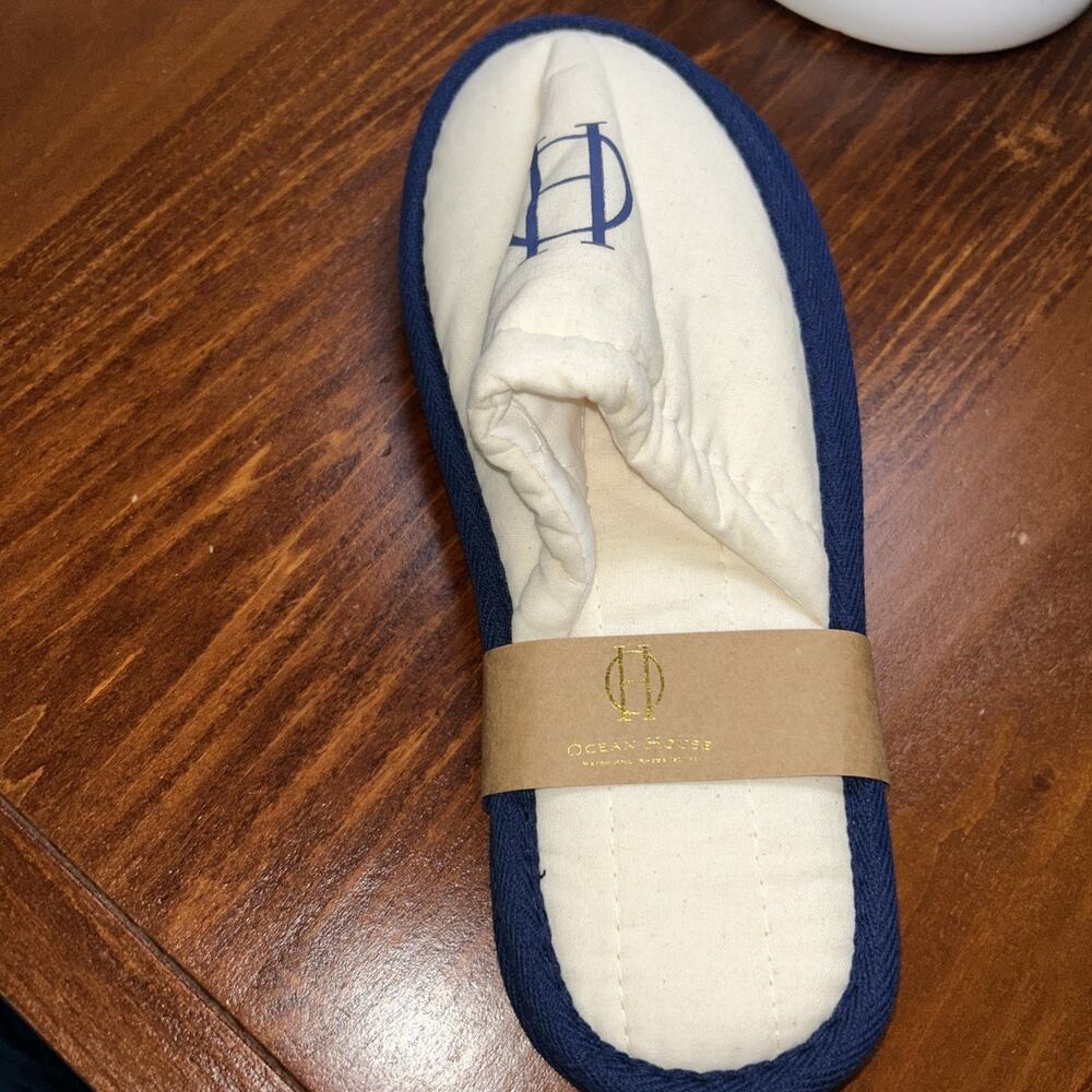 NWT! Ocean House (OH) Unisex Adult Sized Eco Weave Cotton Luxe Slippers Wh/Navy